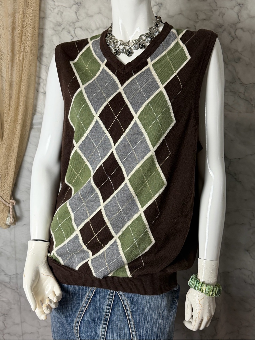 100% Pima Cotton Argyl Sweater Vest M Chocolate Green Grey Stafford Signature